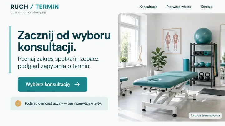 Projekt szablonu Rezerwacje dla branży Fizjoterapeuta — pierwszy ekran