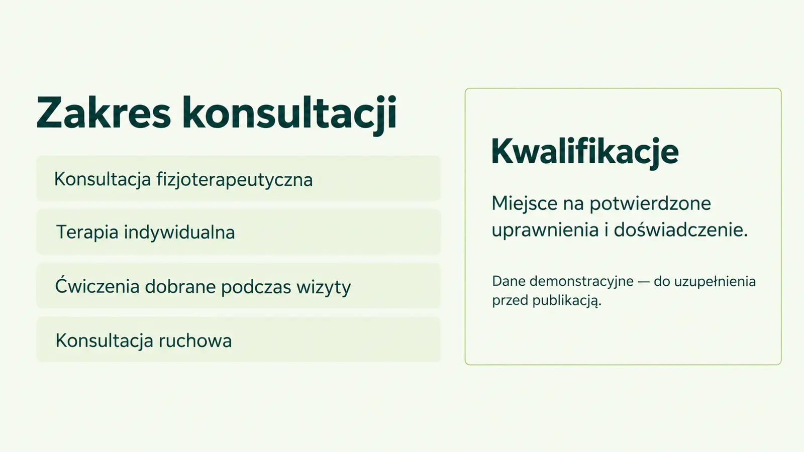 Projekt szablonu Wizytówka dla fizjoterapeuty — sekcja Zakres i kwalifikacje