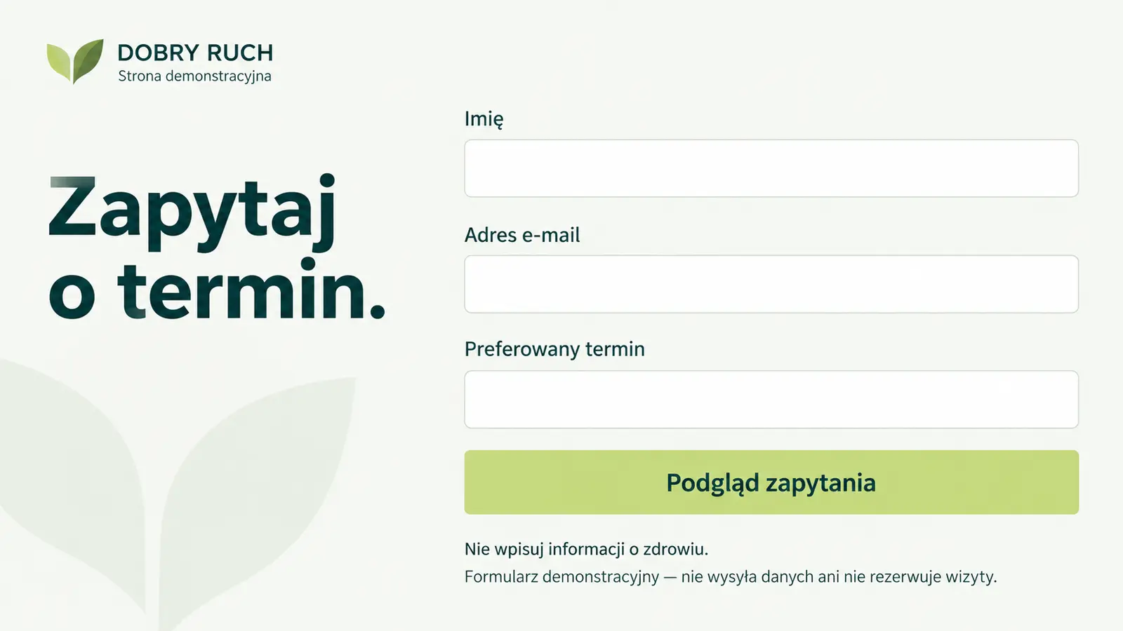 Projekt szablonu Wizytówka dla fizjoterapeuty — sekcja Zapytanie o termin