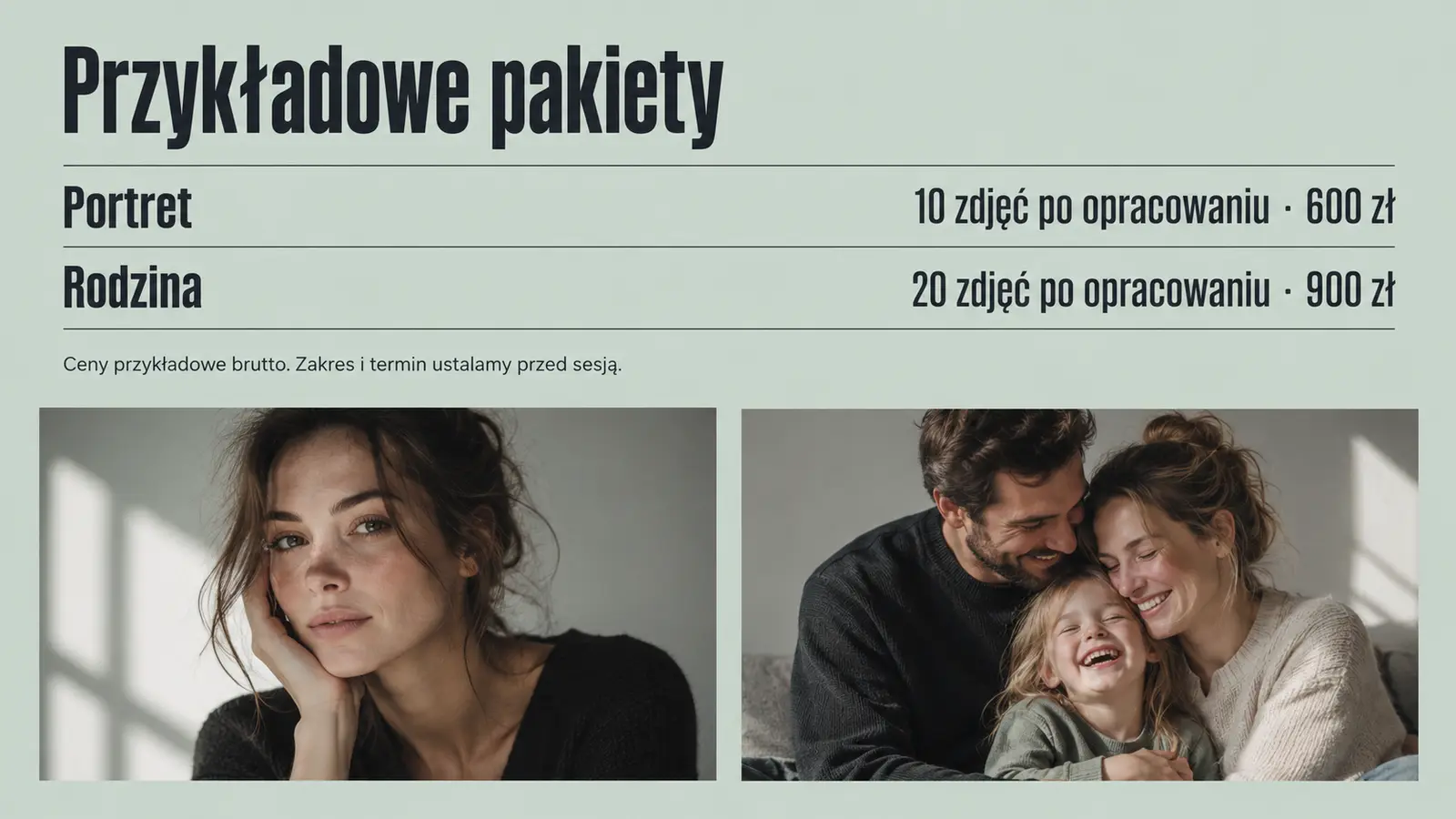 Projekt szablonu Galeria dla fotografa — sekcja Pakiety
