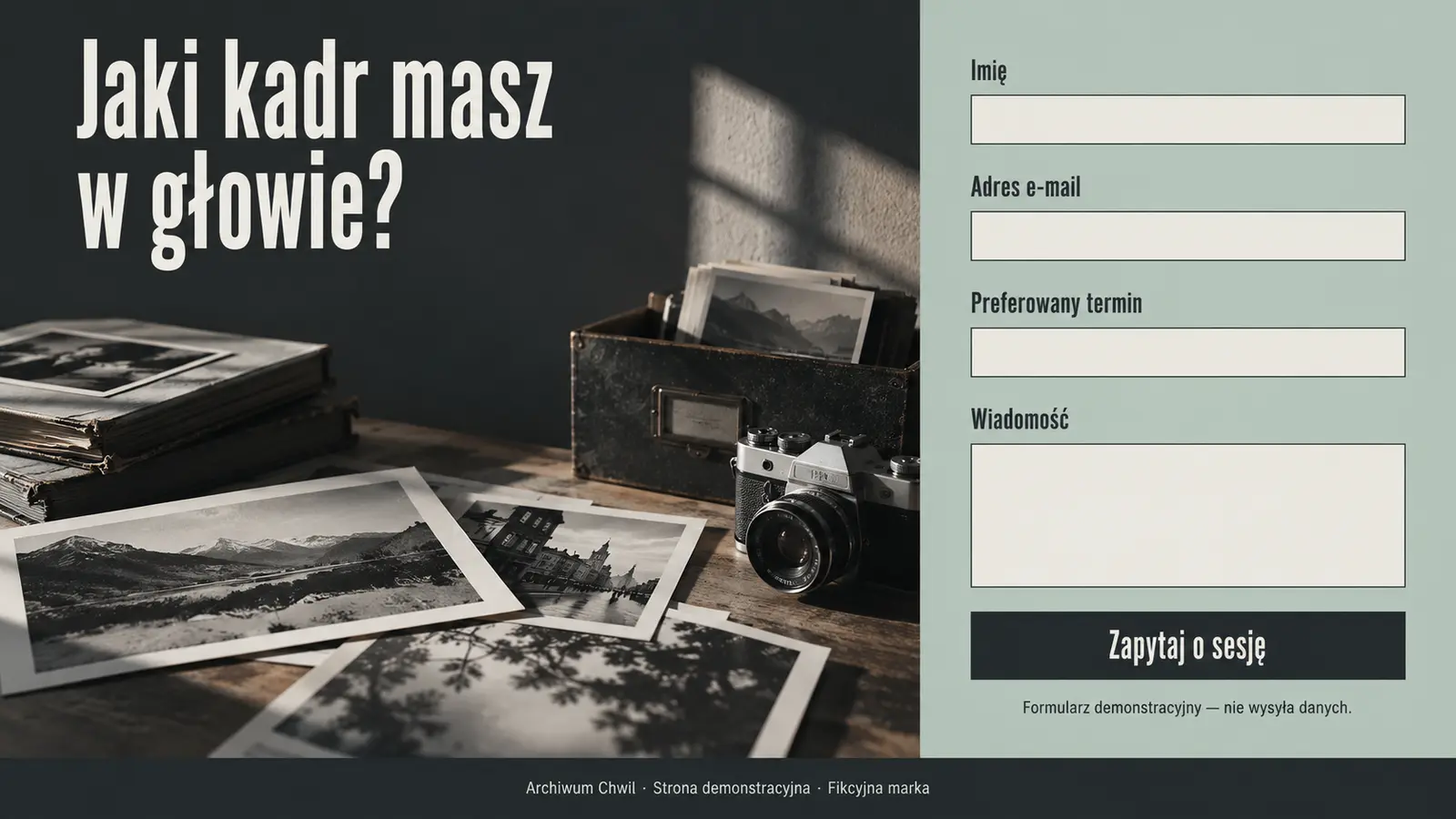 Projekt szablonu Galeria dla fotografa — sekcja Zapytanie o sesję