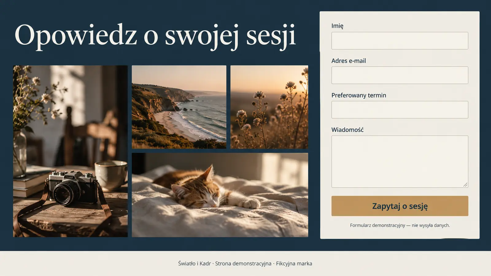 Projekt szablonu Klasyczny dla fotografa — sekcja Kontakt i termin