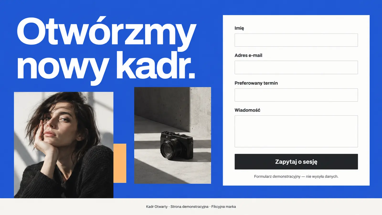 Projekt szablonu Nowoczesny dla fotografa — sekcja Kontakt i termin