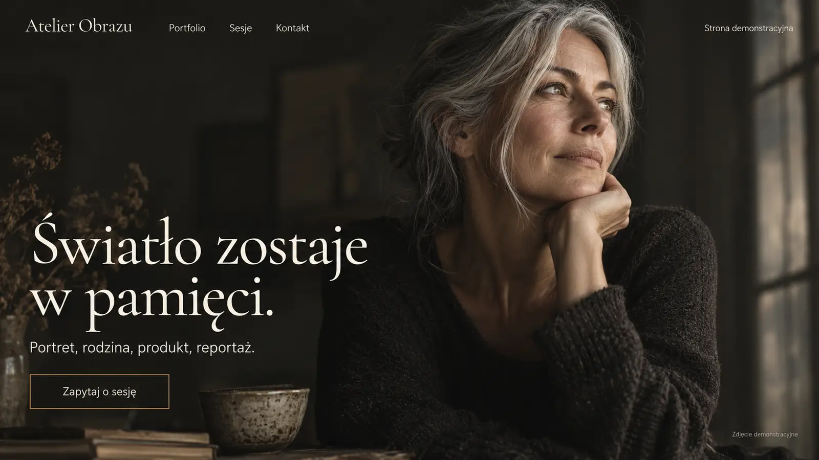 Projekt szablonu Premium dla fotografa — sekcja Atelier Obrazu