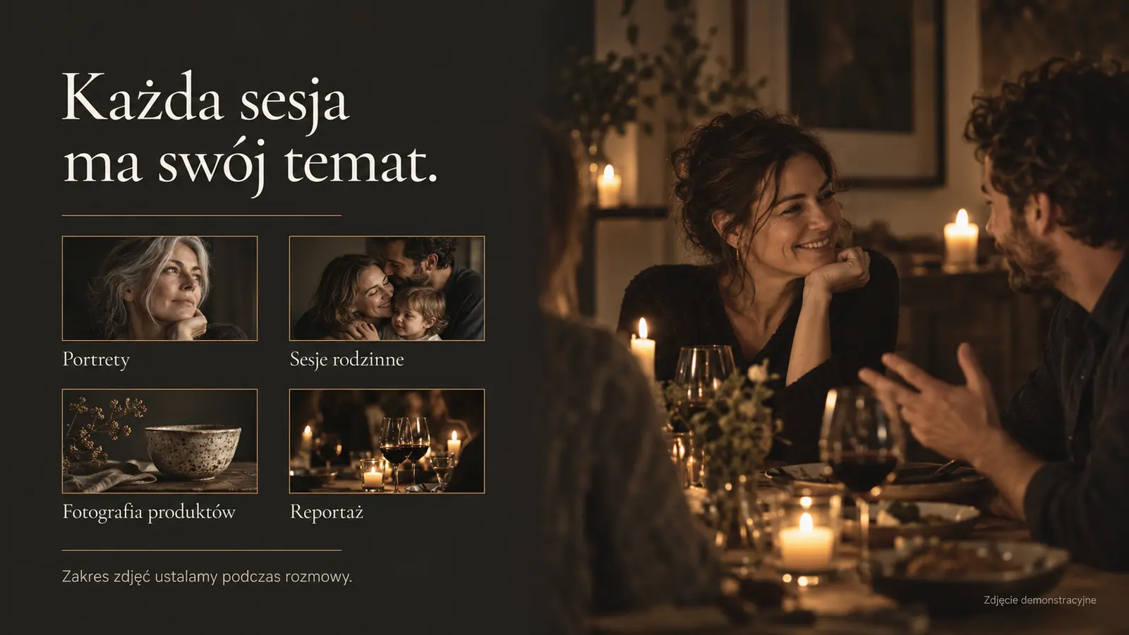 Projekt szablonu Premium dla fotografa — sekcja Rodzaje sesji
