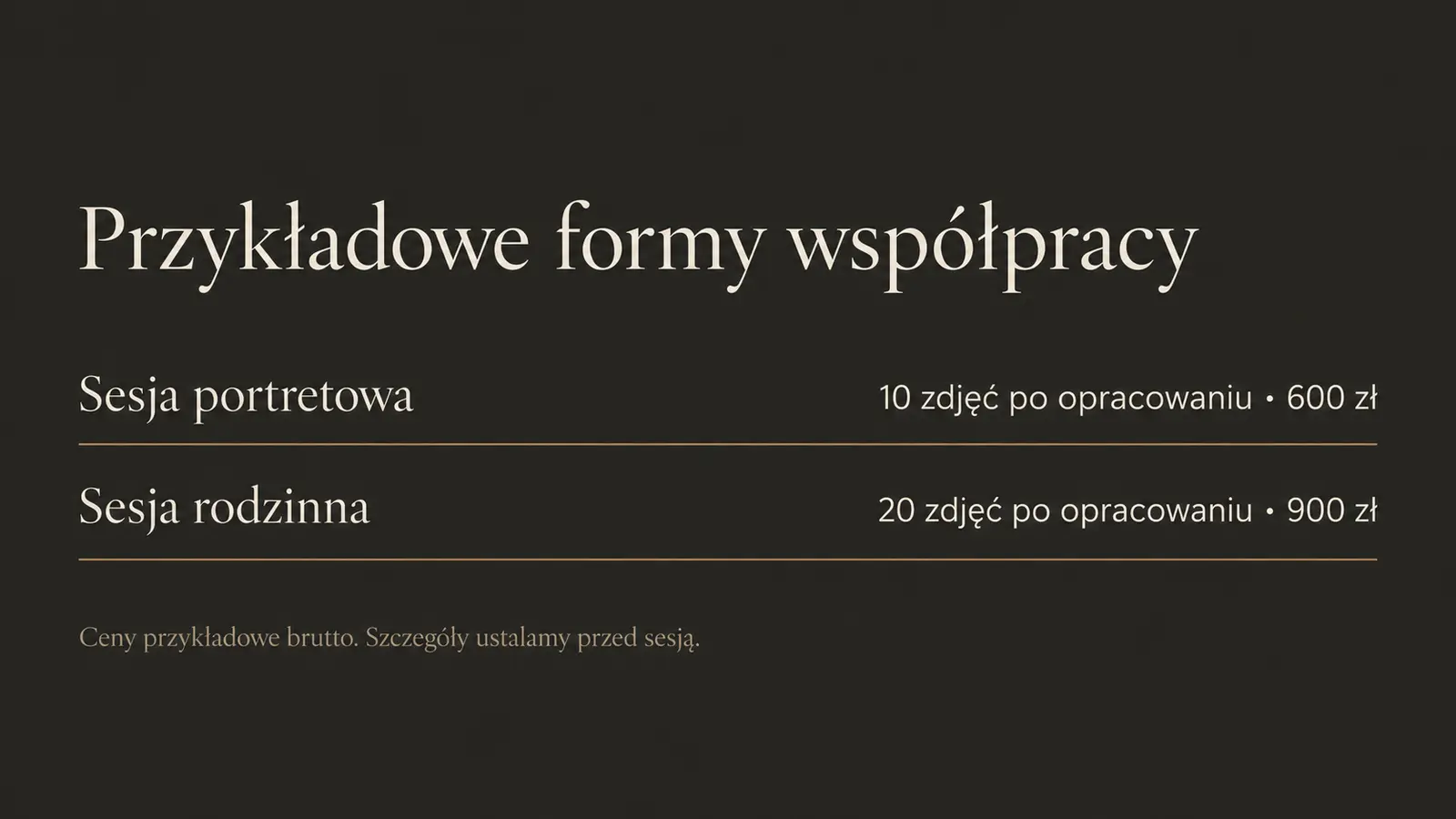 Projekt szablonu Premium dla fotografa — sekcja Pakiety