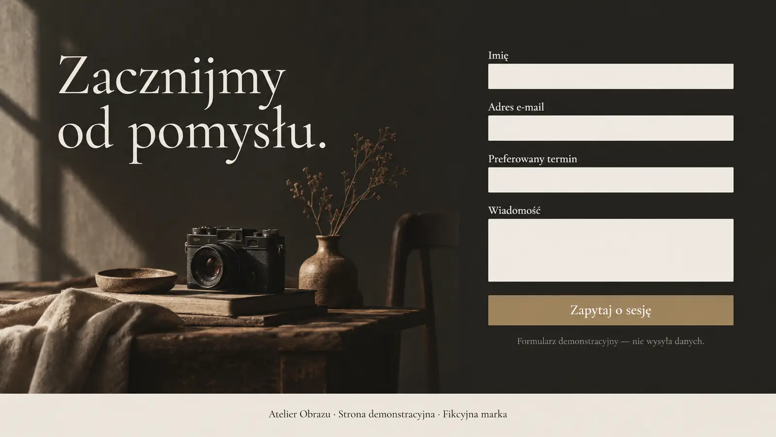 Projekt szablonu Premium dla fotografa — sekcja Kontakt i termin
