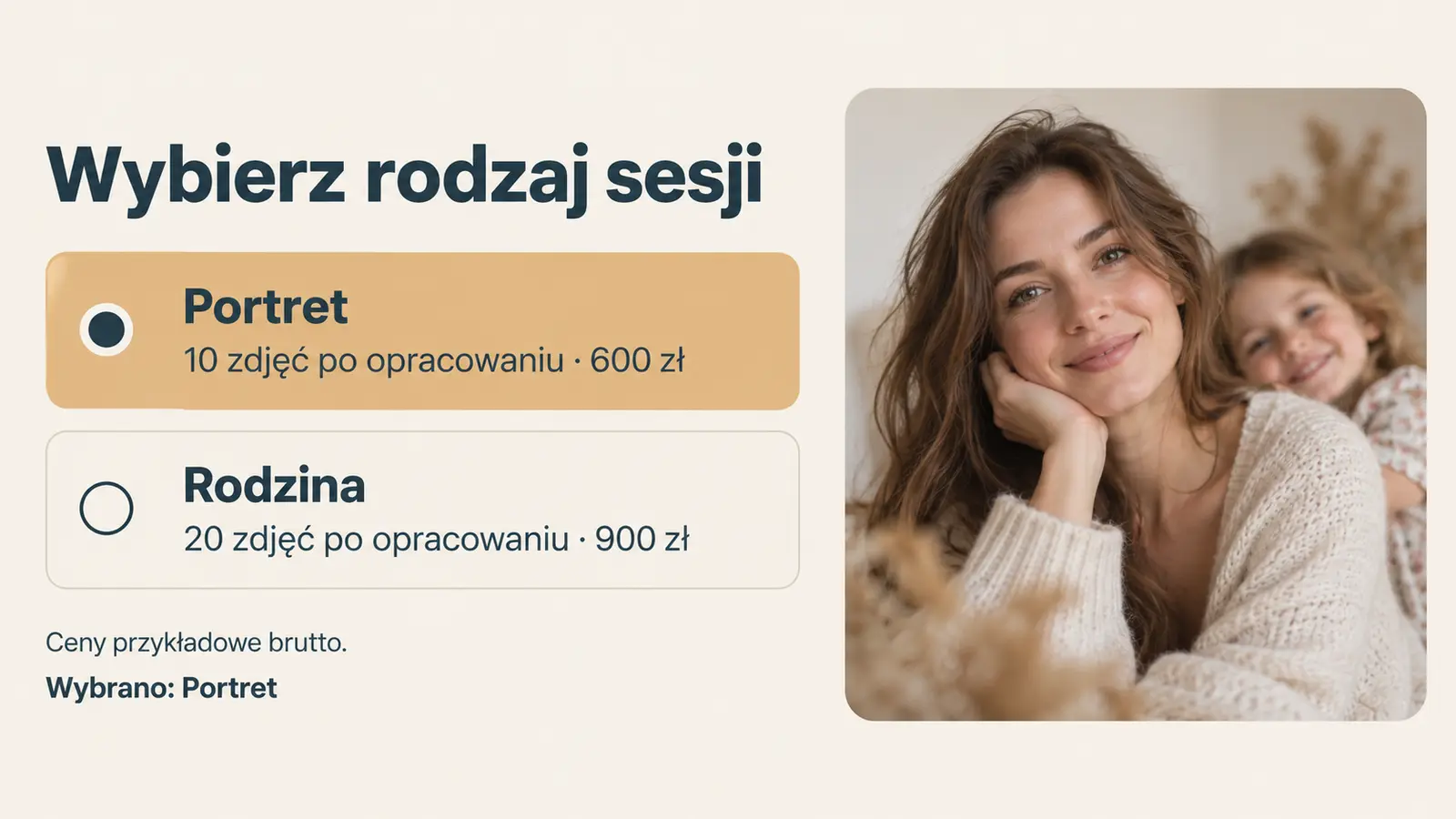 Projekt szablonu Rezerwacje dla fotografa — sekcja Rodzaj sesji