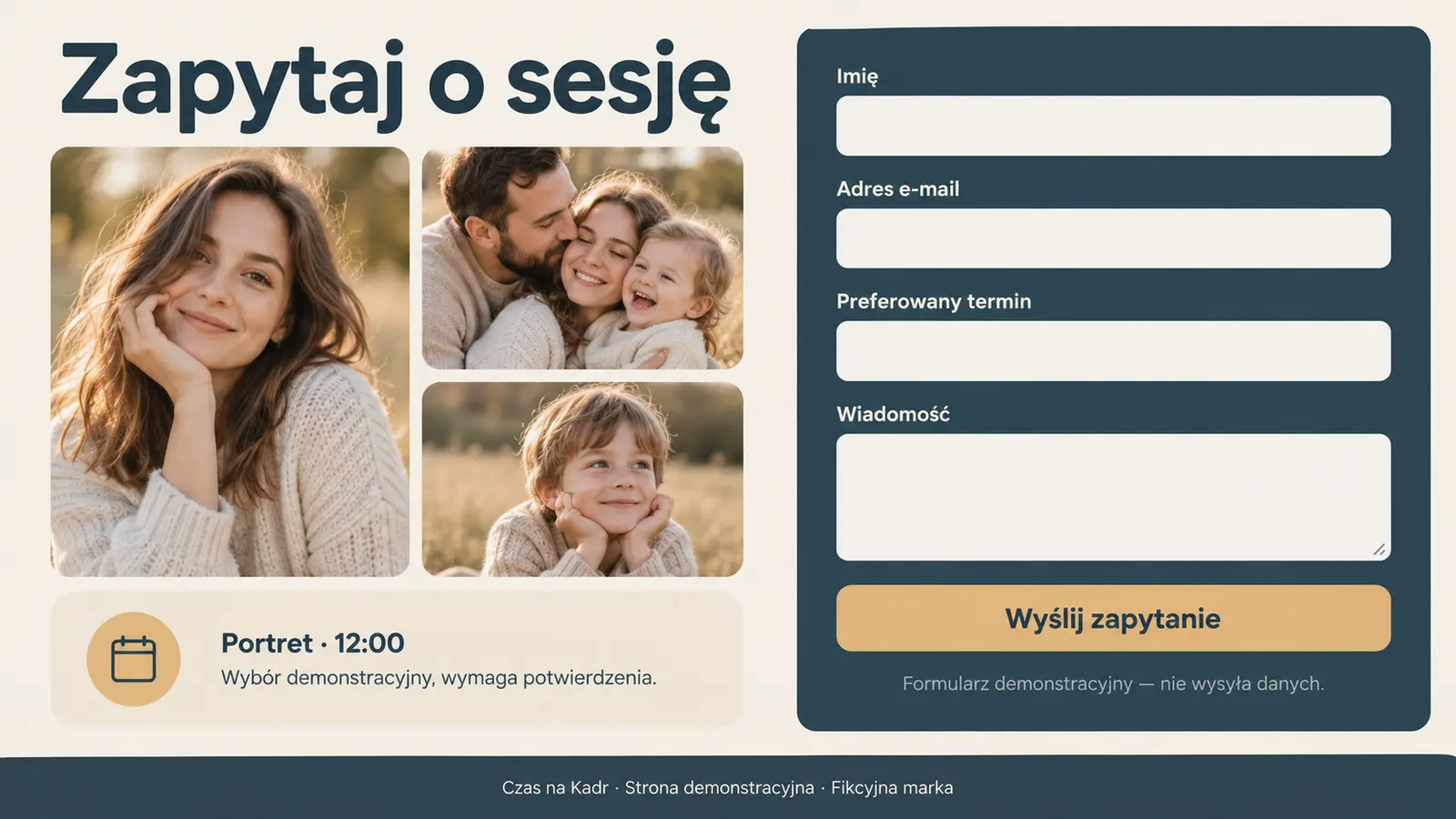 Projekt szablonu Rezerwacje dla fotografa — sekcja Kontakt i podsumowanie