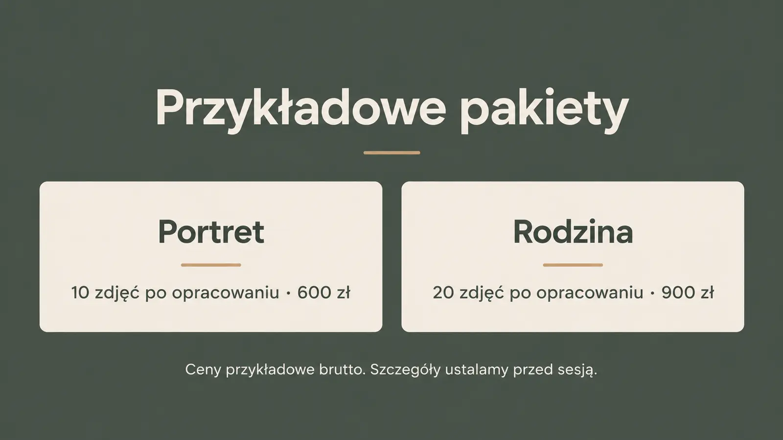 Projekt szablonu Wizytówka dla fotografa — sekcja Pakiety