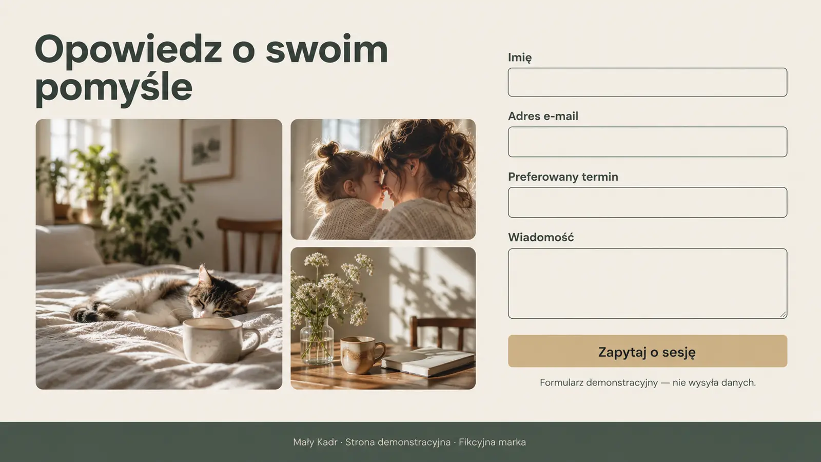 Projekt szablonu Wizytówka dla fotografa — sekcja Kontakt i termin