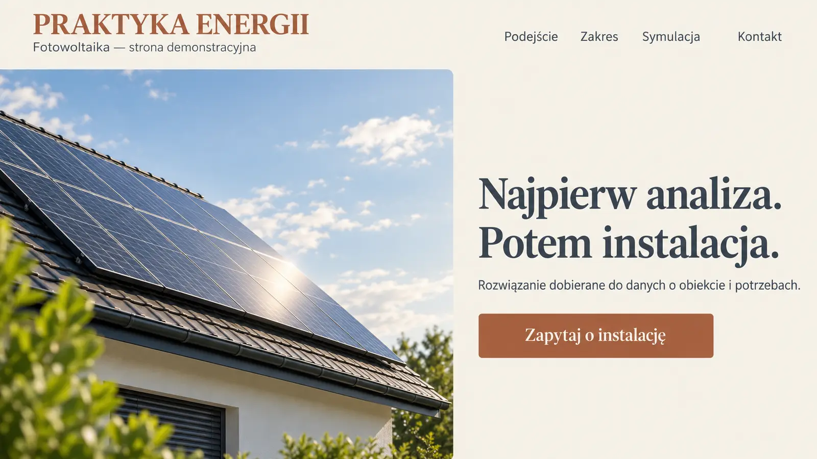 Projekt szablonu Ekspert dla firmy fotowoltaicznej — sekcja Otwarcie