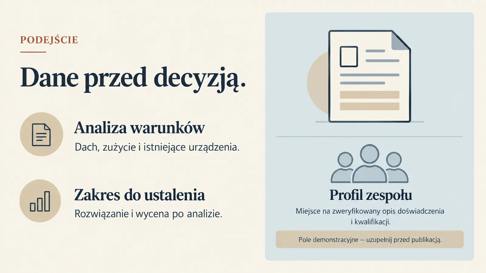 Projekt szablonu Ekspert dla firmy fotowoltaicznej — sekcja Podejście i zespół