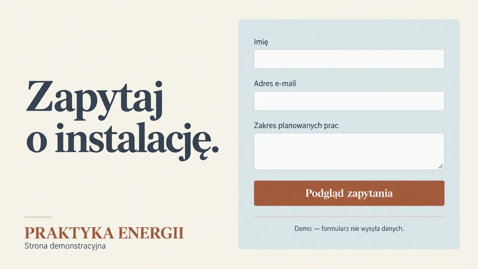 Projekt szablonu Ekspert dla firmy fotowoltaicznej — sekcja Zapytanie