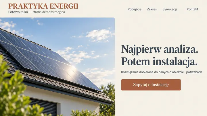 Projekt szablonu Ekspert dla branży Fotowoltaika — pierwszy ekran