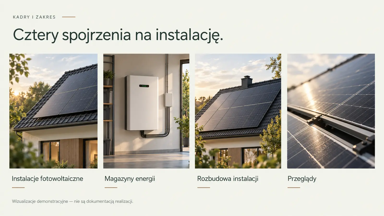 Projekt szablonu Galeria dla firmy fotowoltaicznej — sekcja Kadry i zakres
