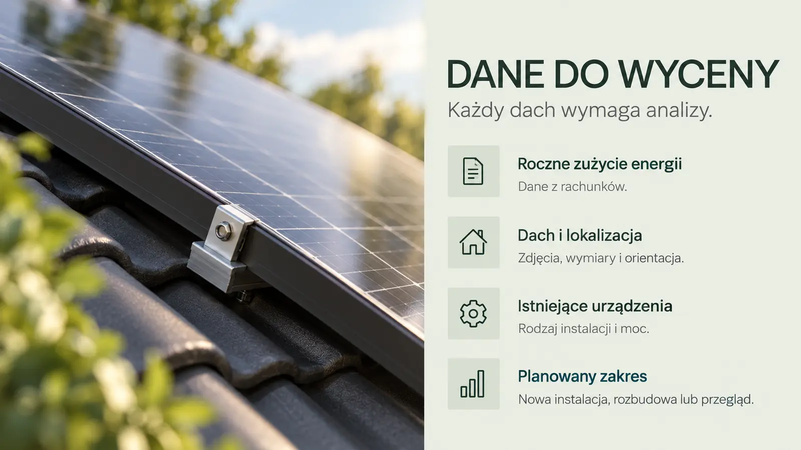 Projekt szablonu Galeria dla firmy fotowoltaicznej — sekcja Dane do wyceny