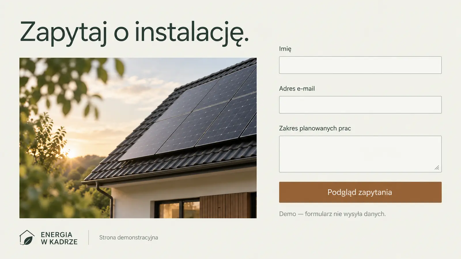 Projekt szablonu Galeria dla firmy fotowoltaicznej — sekcja Zapytanie