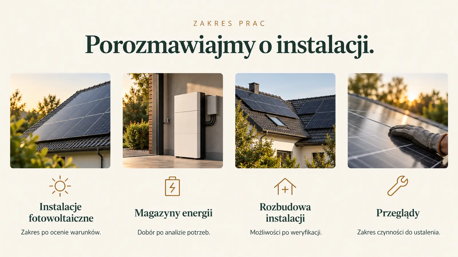 Projekt szablonu Klasyczny dla firmy fotowoltaicznej — sekcja Zakres prac