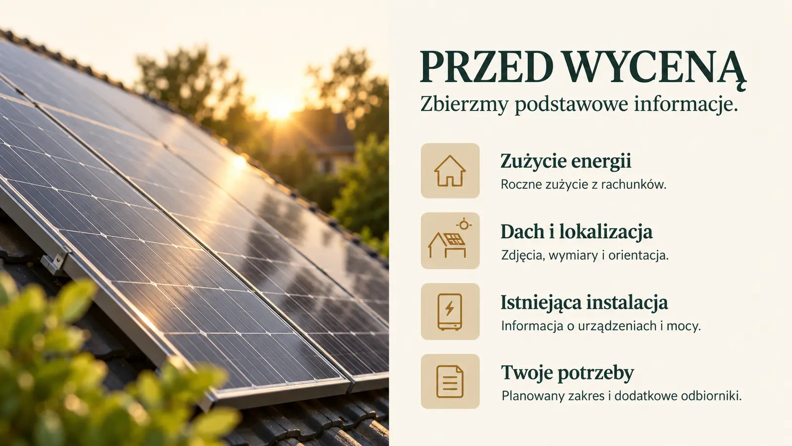 Projekt szablonu Klasyczny dla firmy fotowoltaicznej — sekcja Parametry do wyceny