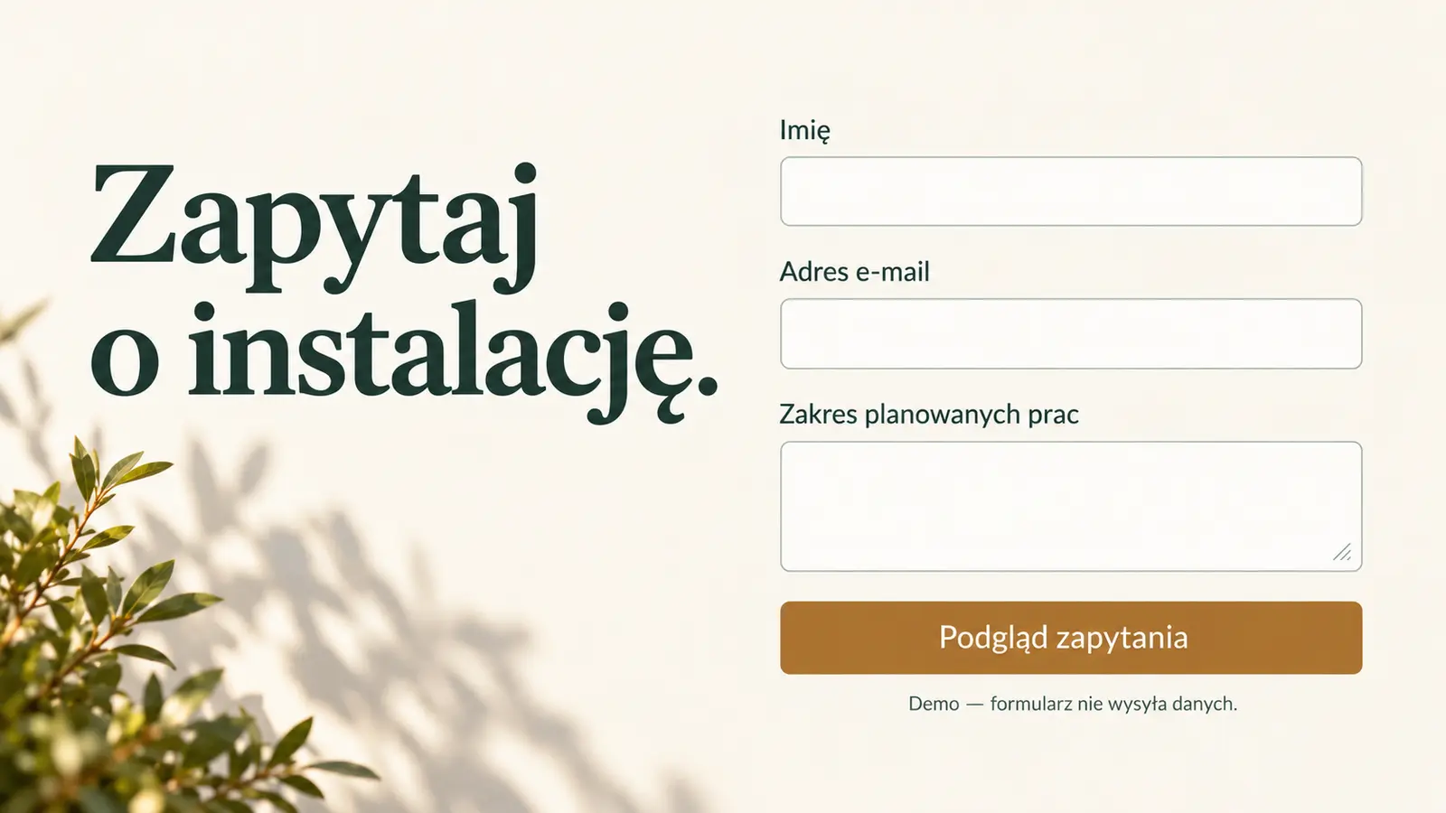 Projekt szablonu Klasyczny dla firmy fotowoltaicznej — sekcja Zapytanie