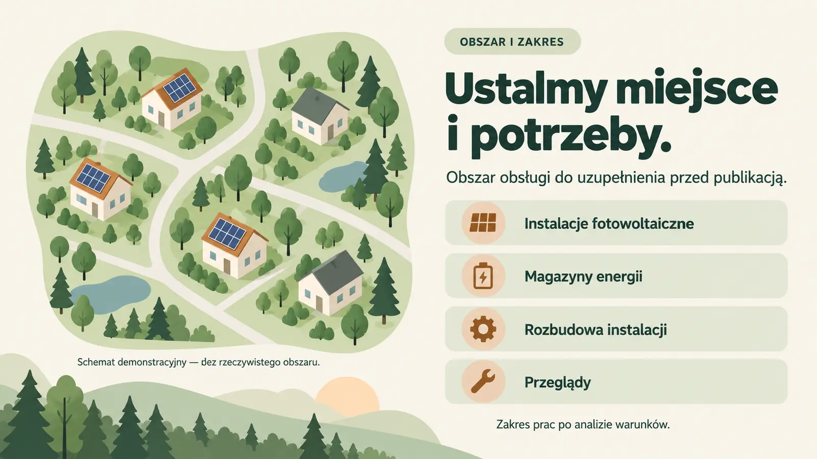 Projekt szablonu Lokalny dla firmy fotowoltaicznej — sekcja Obszar i zakres