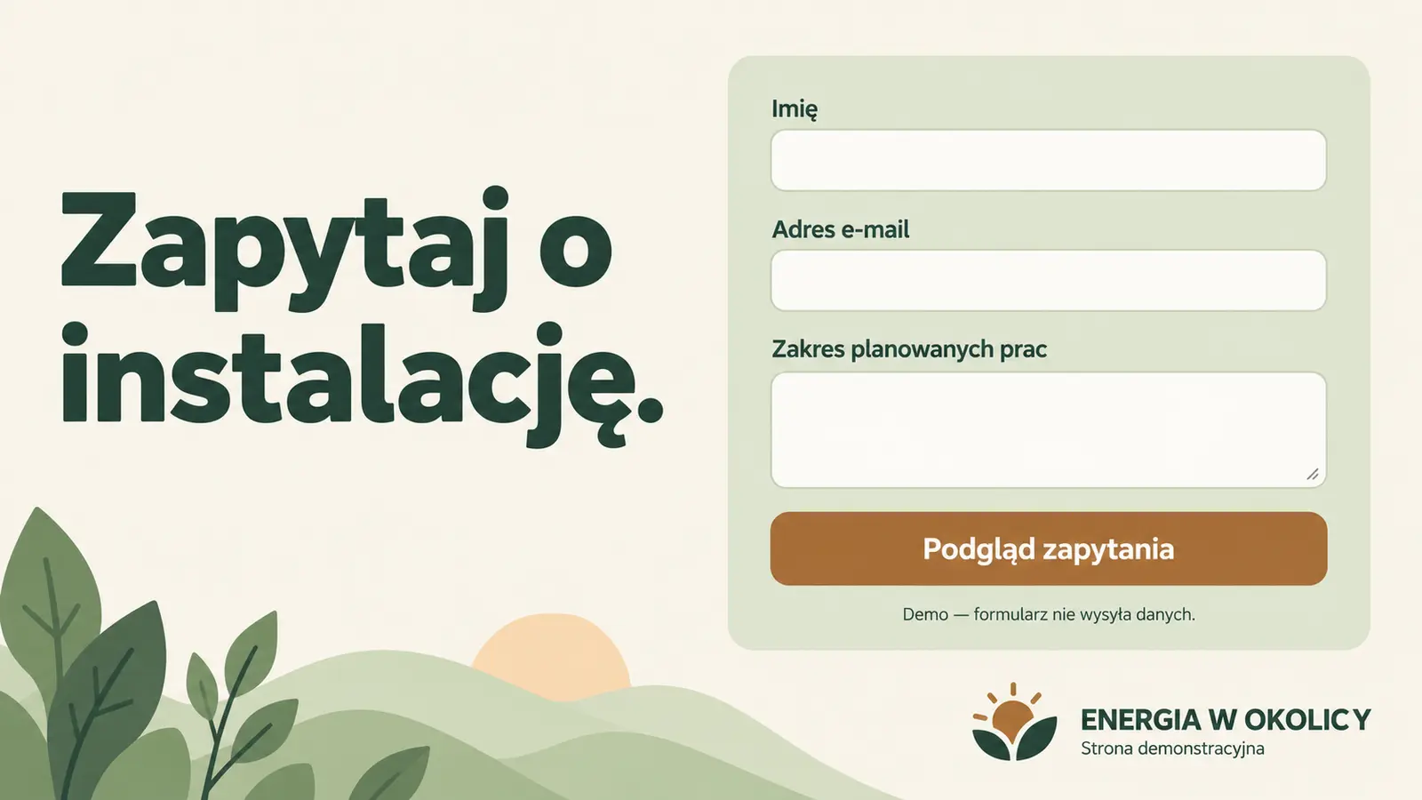 Projekt szablonu Lokalny dla firmy fotowoltaicznej — sekcja Kontakt