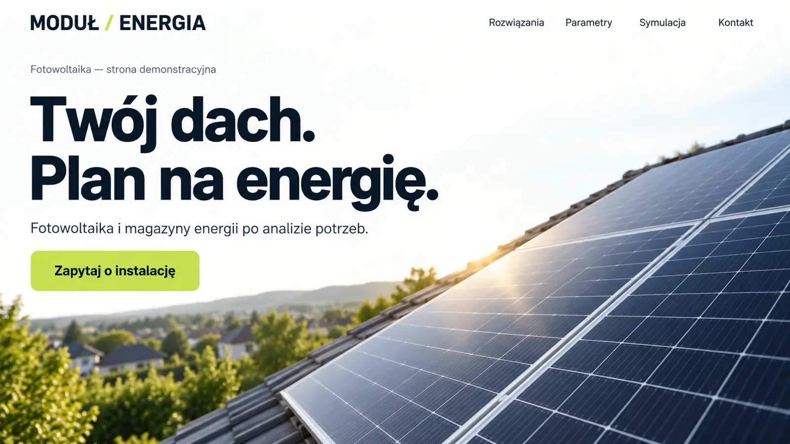 Projekt szablonu Nowoczesny dla firmy fotowoltaicznej — sekcja Otwarcie