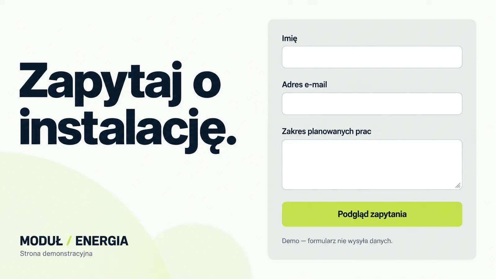 Projekt szablonu Nowoczesny dla firmy fotowoltaicznej — sekcja Kontakt