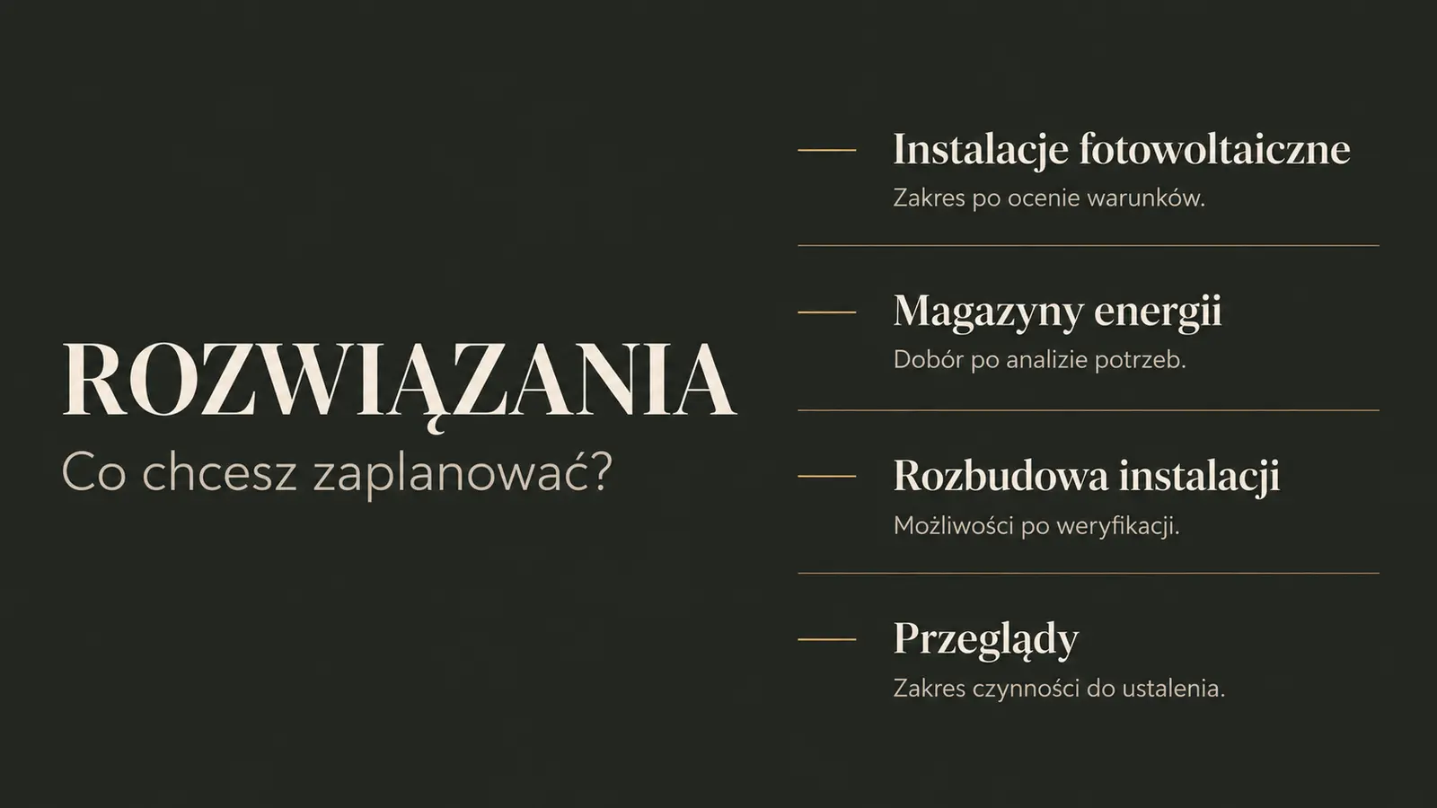Projekt szablonu Premium dla firmy fotowoltaicznej — sekcja Rozwiązania