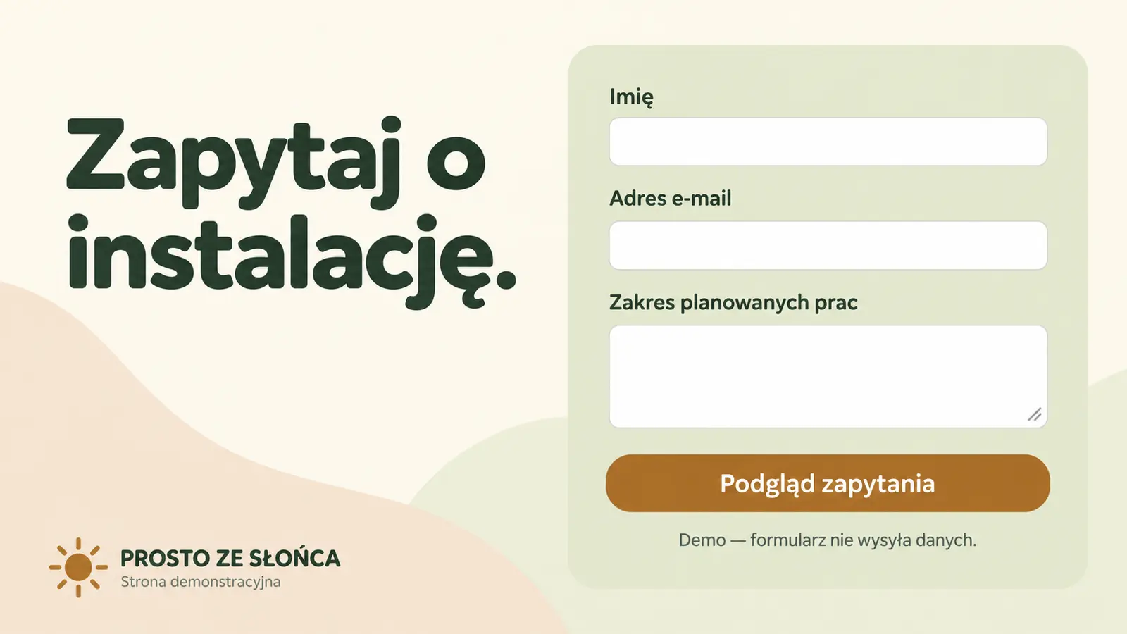 Projekt szablonu Wizytówka dla firmy fotowoltaicznej — sekcja Zapytanie