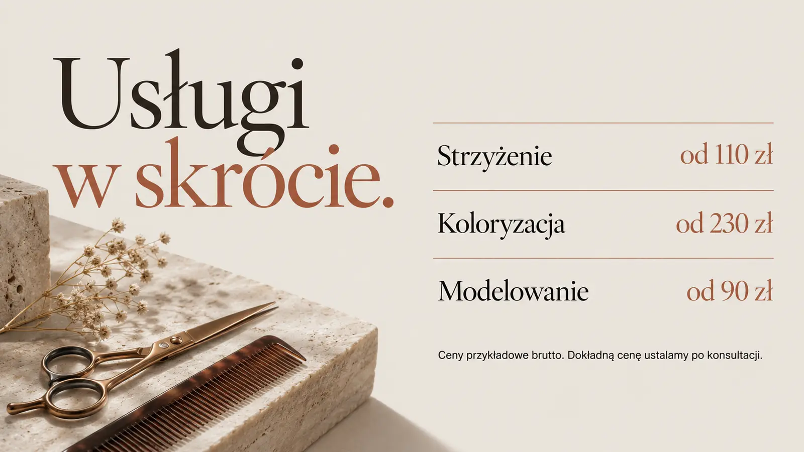 Projekt szablonu Galeria dla fryzjera — sekcja Usługi i ceny