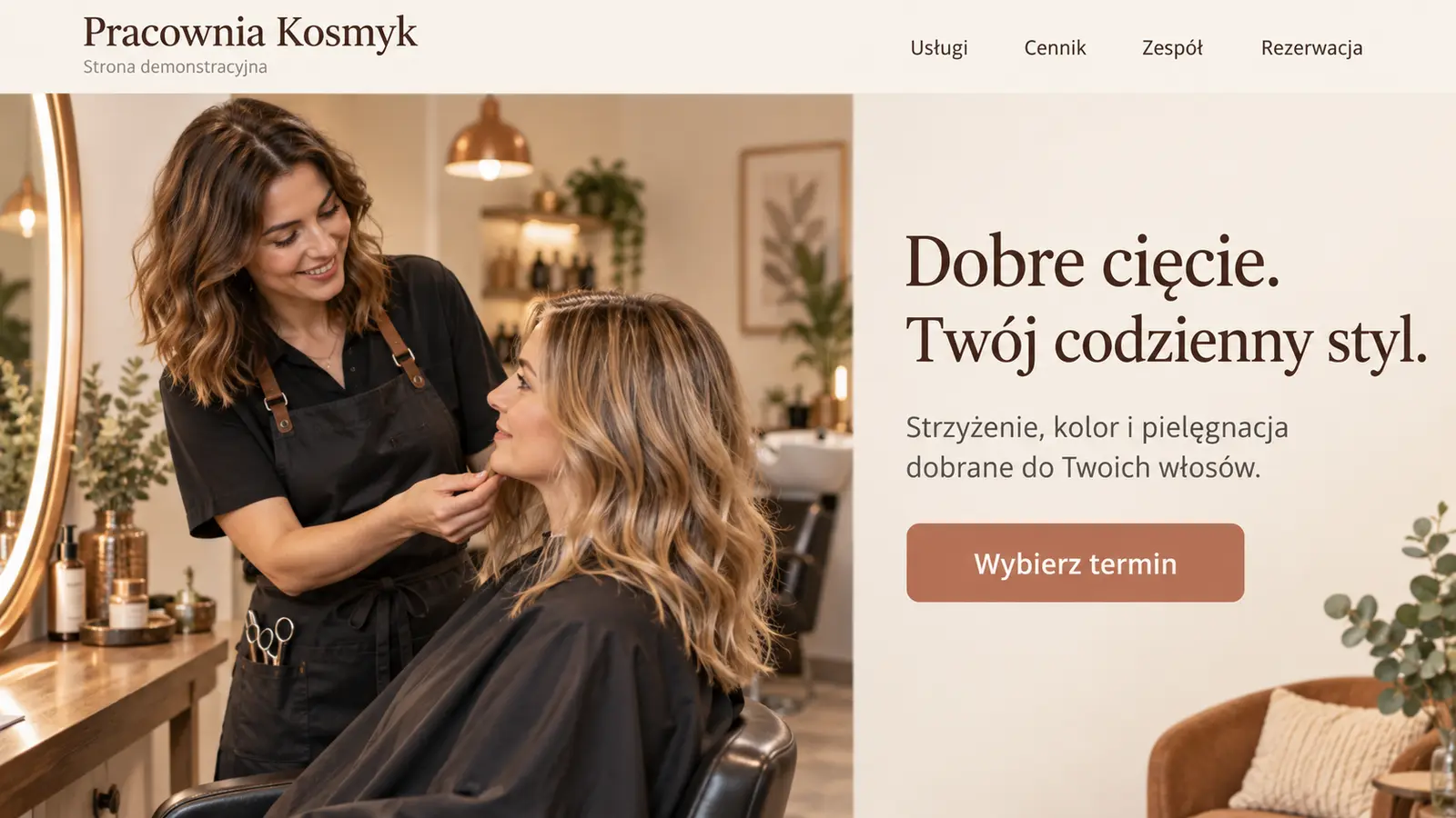 Projekt szablonu Klasyczny dla fryzjera — sekcja Powitanie w salonie