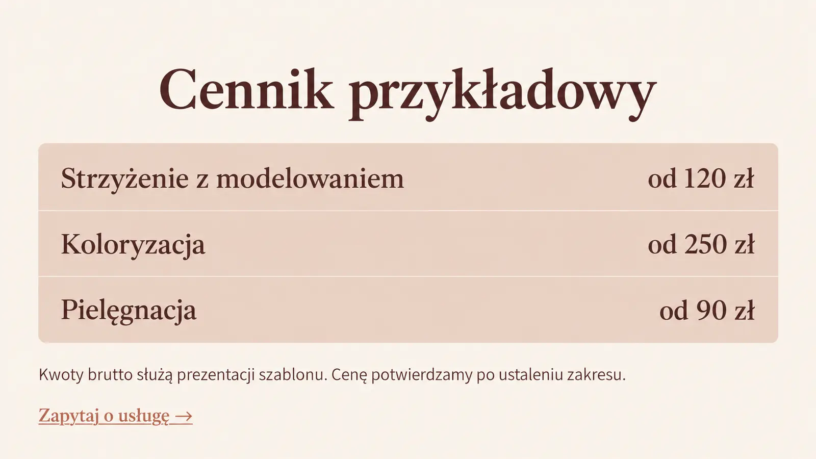 Projekt szablonu Klasyczny dla fryzjera — sekcja Cennik