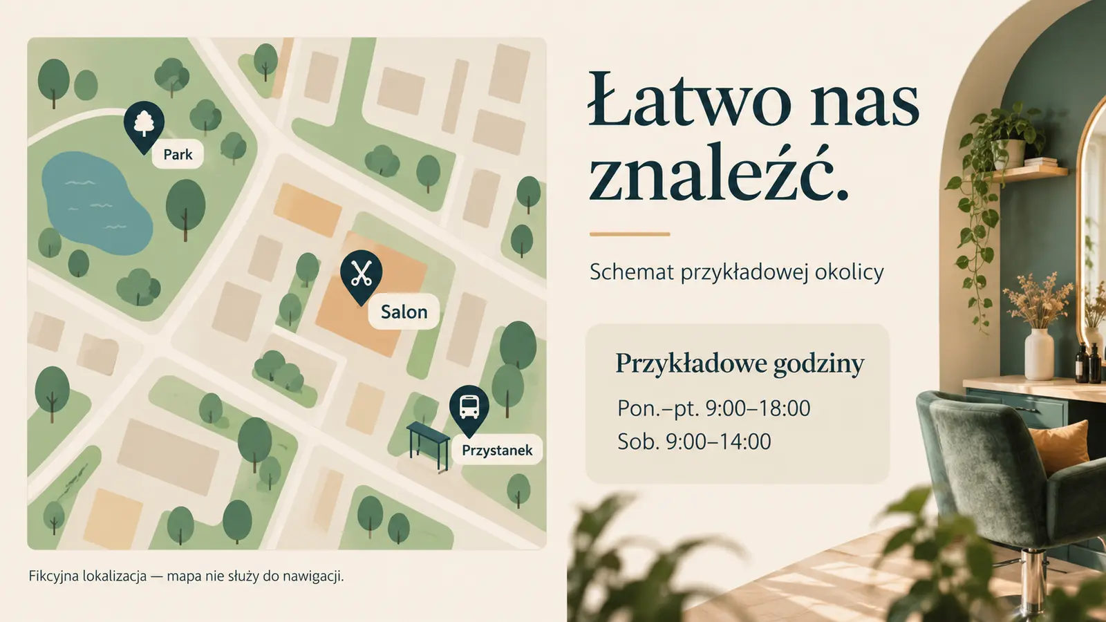 Projekt szablonu Lokalny dla fryzjera — sekcja Jak trafić