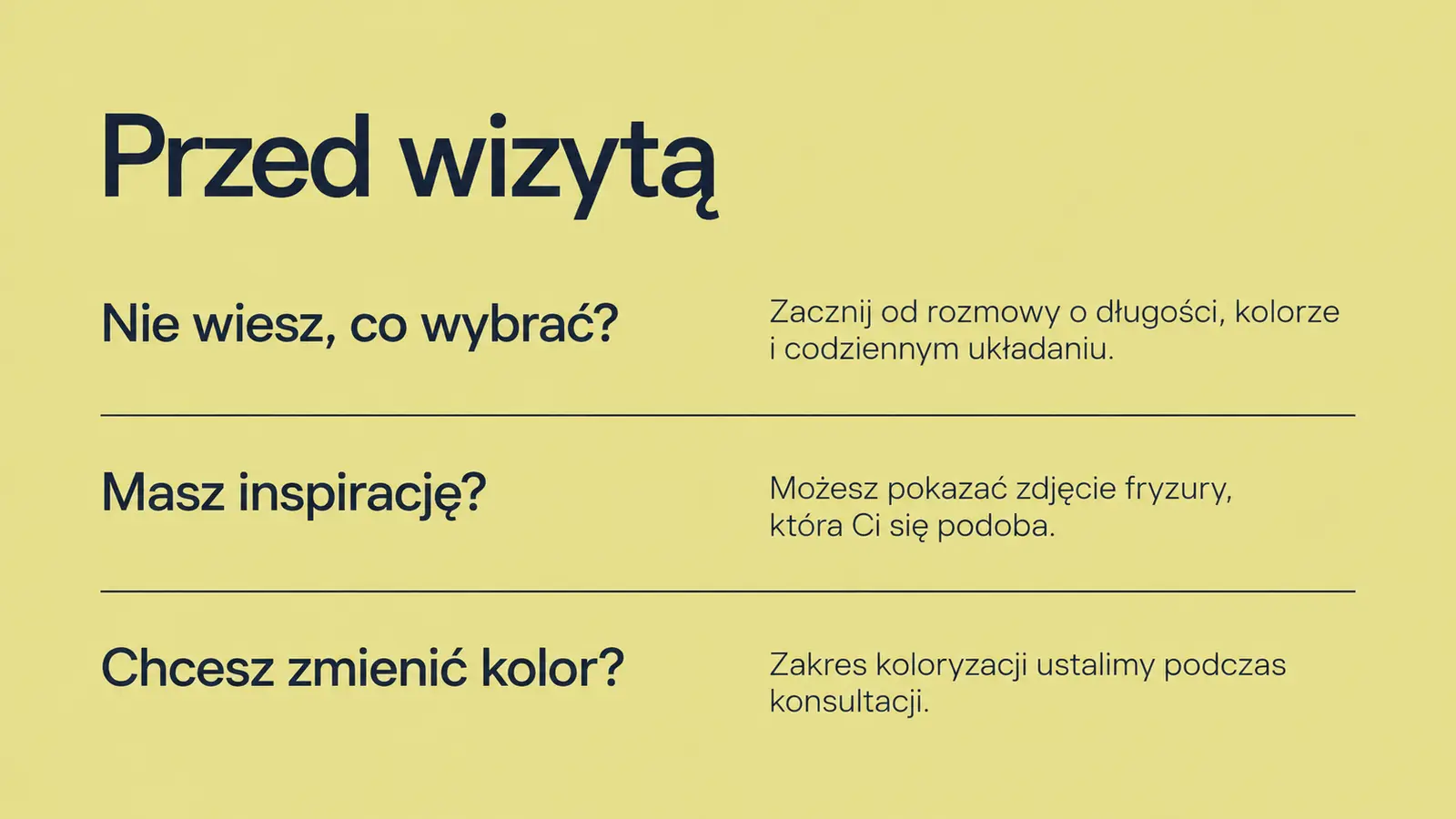 Projekt szablonu Nowoczesny dla fryzjera — sekcja Przed wizytą