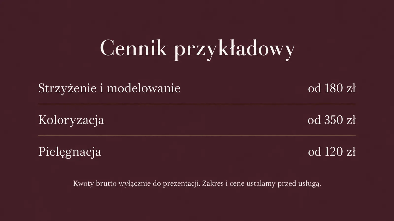Projekt szablonu Premium dla fryzjera — sekcja Cennik