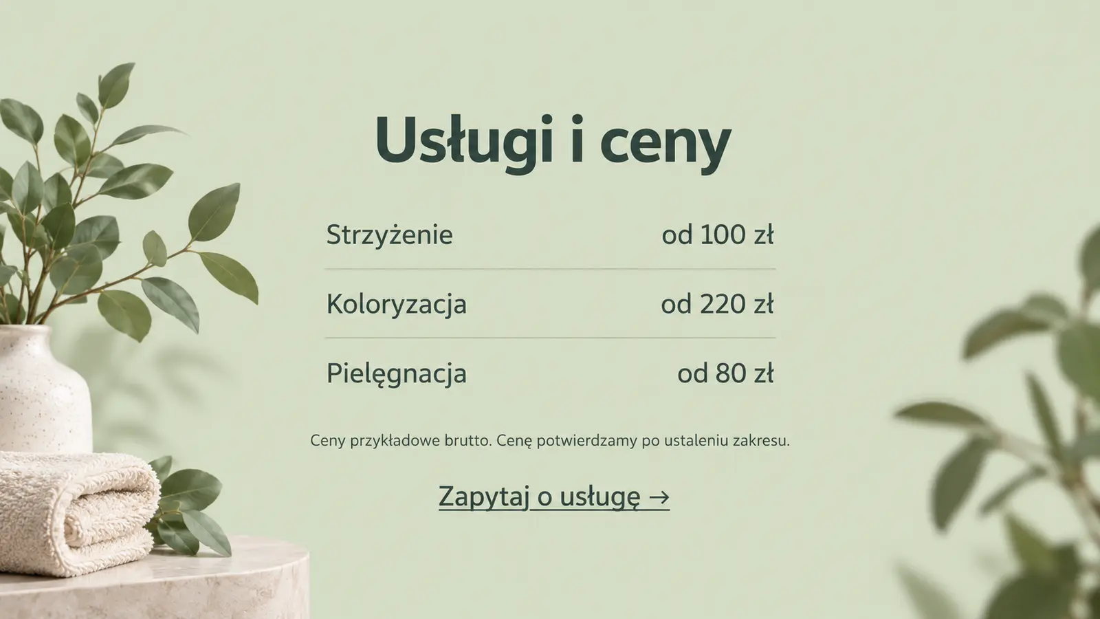 Projekt szablonu Wizytówka dla fryzjera — sekcja Usługi i ceny