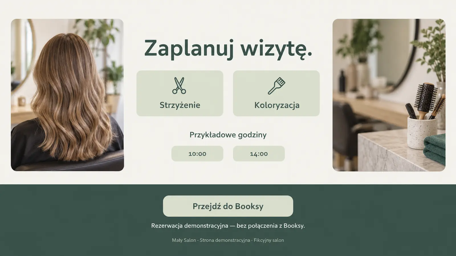 Projekt szablonu Wizytówka dla fryzjera — sekcja Rezerwacja