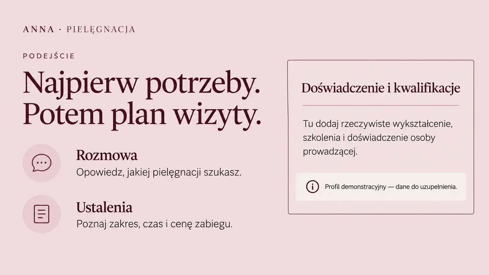Projekt szablonu Ekspert dla gabinetu kosmetycznego — sekcja Podejście i miejsce na kwalifikacje