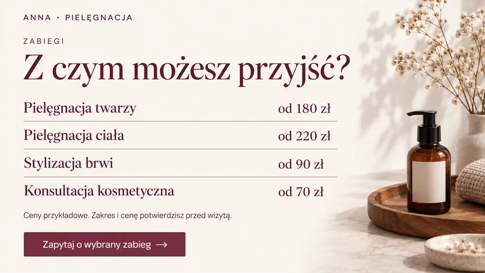 Projekt szablonu Ekspert dla gabinetu kosmetycznego — sekcja Tematy wizyty i ceny