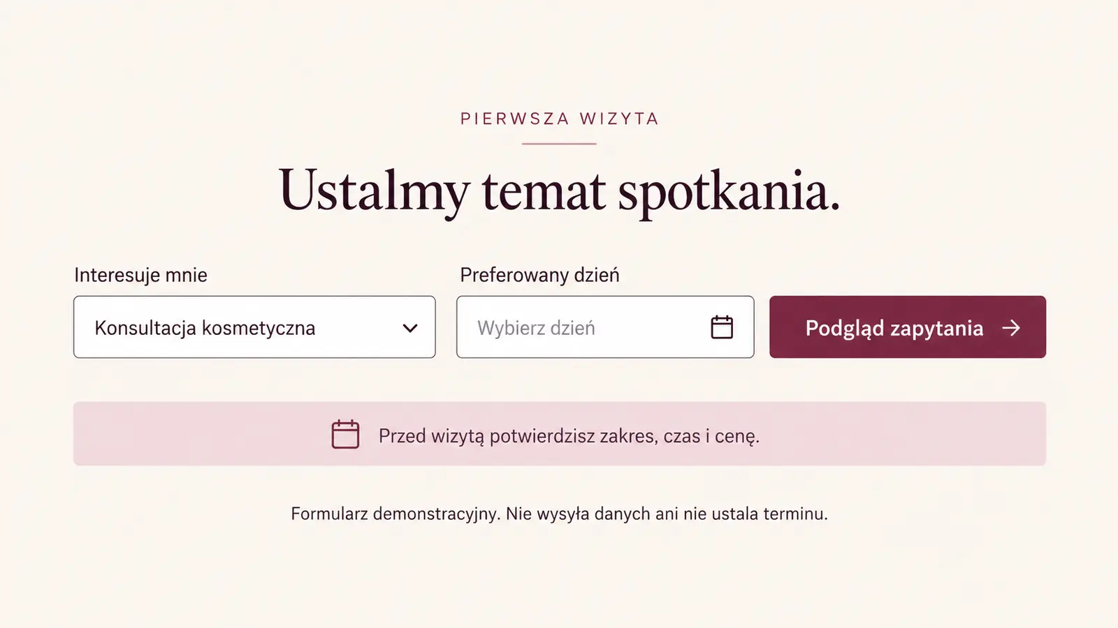 Projekt szablonu Ekspert dla gabinetu kosmetycznego — sekcja Zapytanie o konsultację