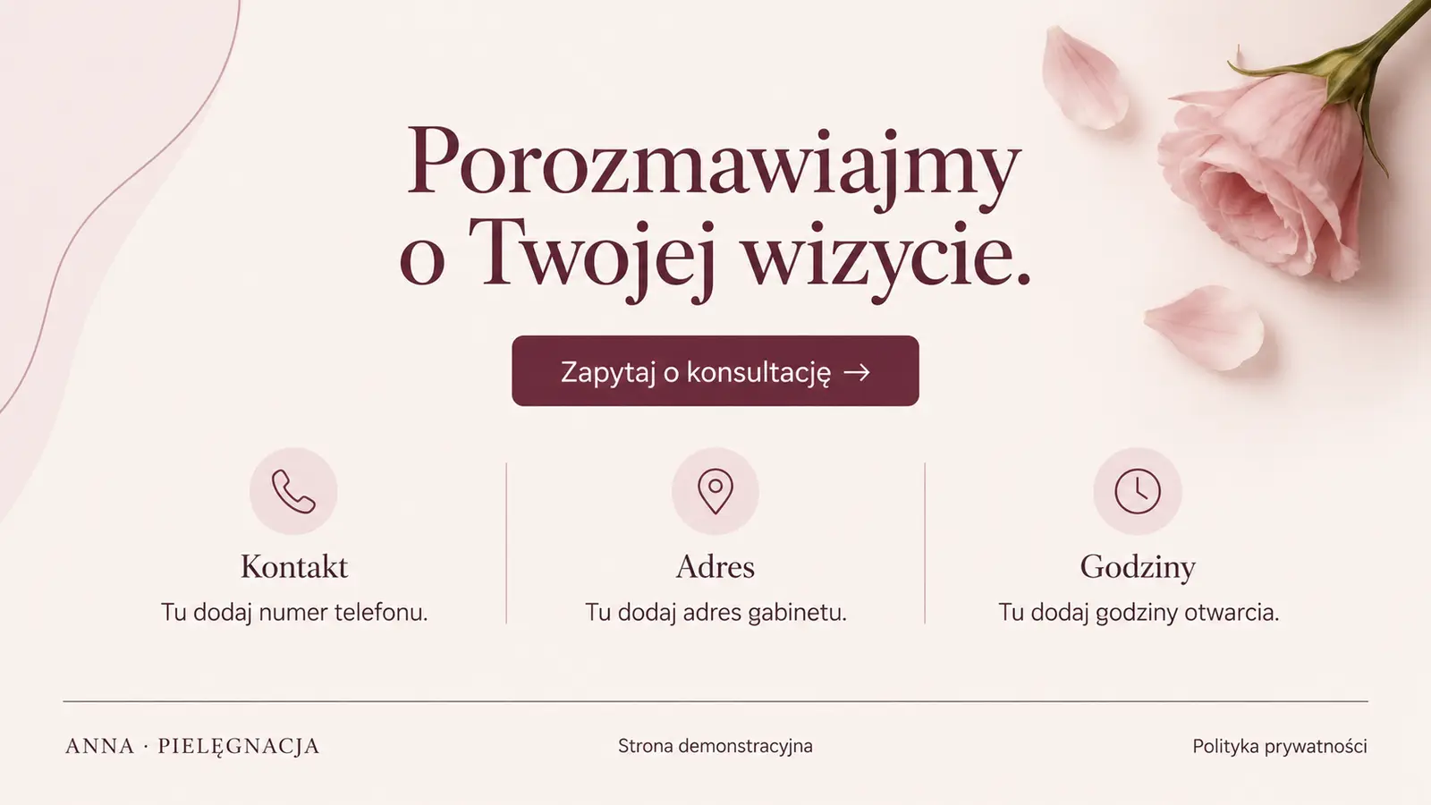 Projekt szablonu Ekspert dla gabinetu kosmetycznego — sekcja Kontakt i stopka