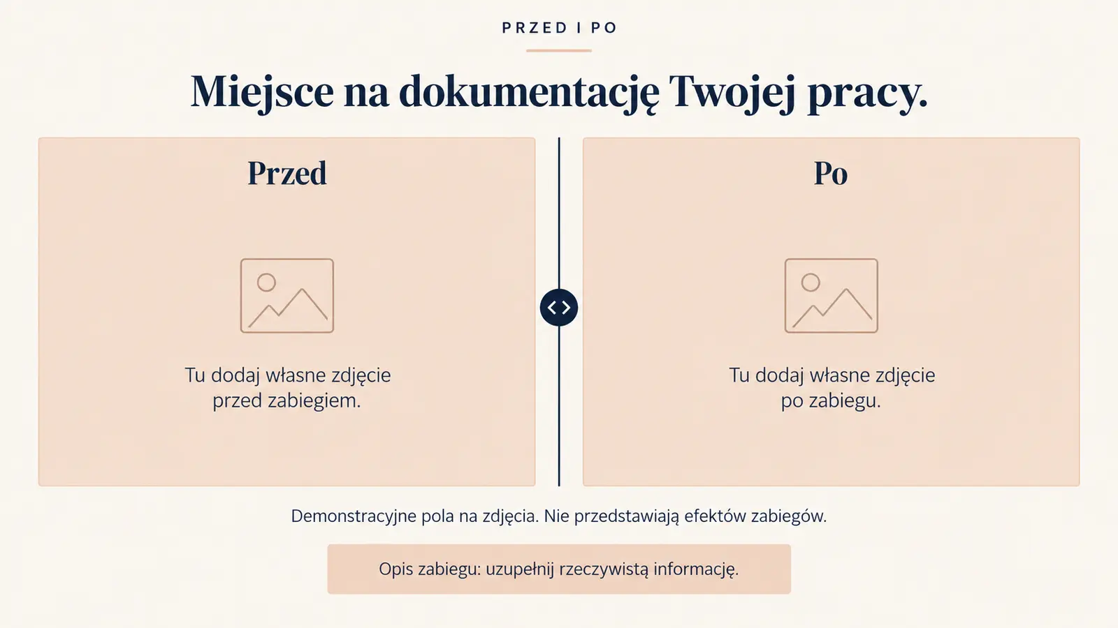 Projekt szablonu Galeria dla gabinetu kosmetycznego — sekcja Miejsca na własne zdjęcia przed i po