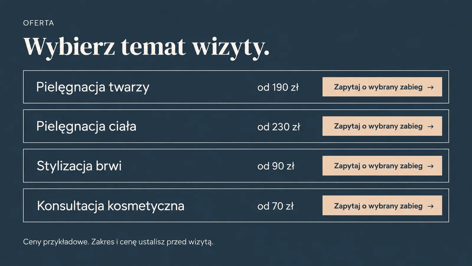 Projekt szablonu Galeria dla gabinetu kosmetycznego — sekcja Oferta i ceny