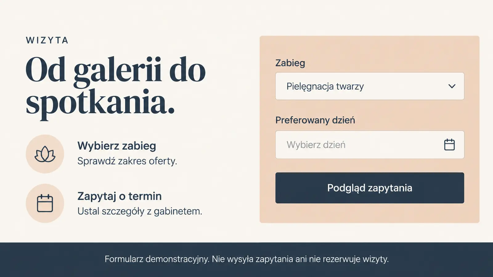 Projekt szablonu Galeria dla gabinetu kosmetycznego — sekcja Zapytanie o termin