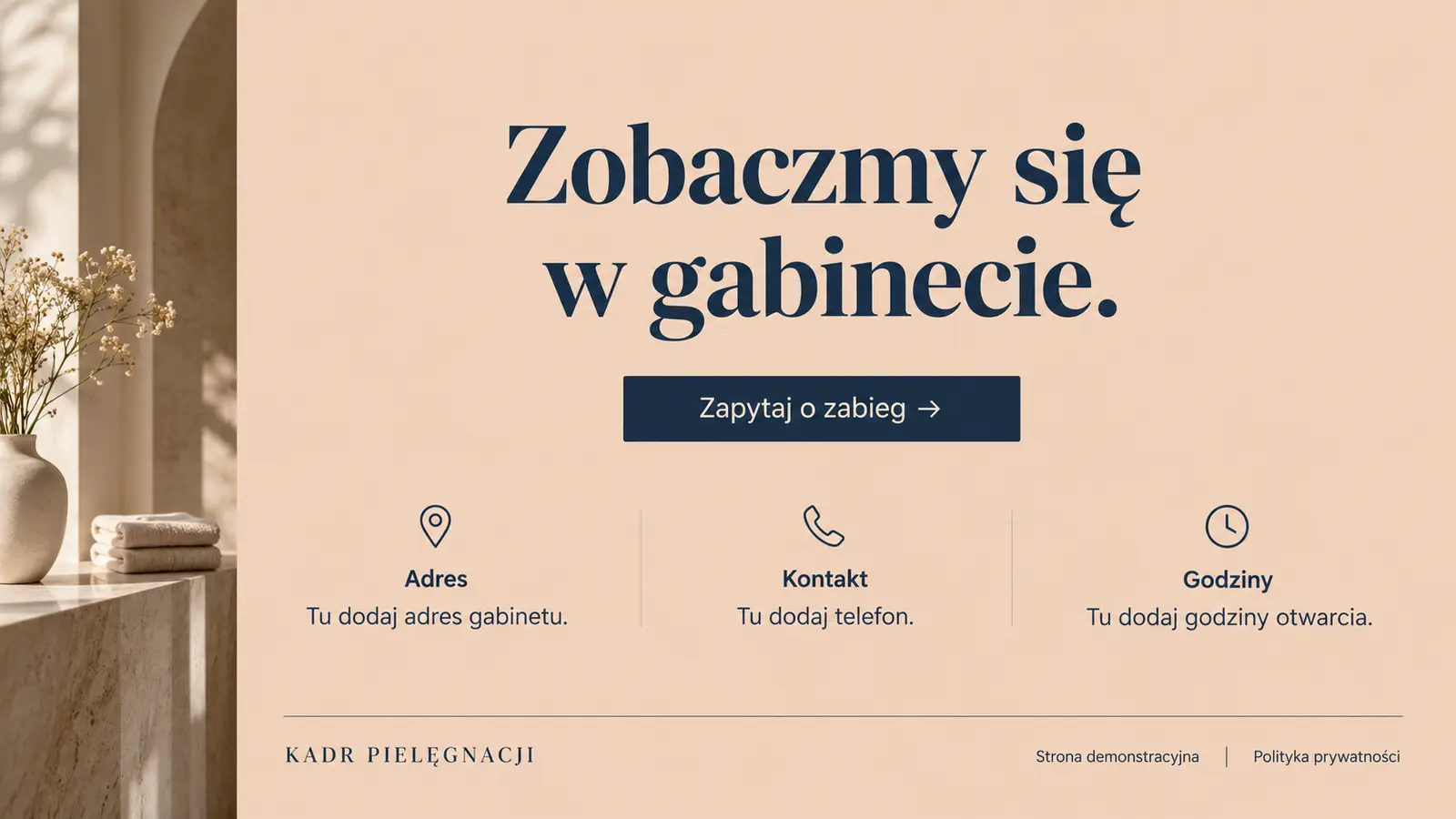 Projekt szablonu Galeria dla gabinetu kosmetycznego — sekcja Kontakt i zamknięcie
