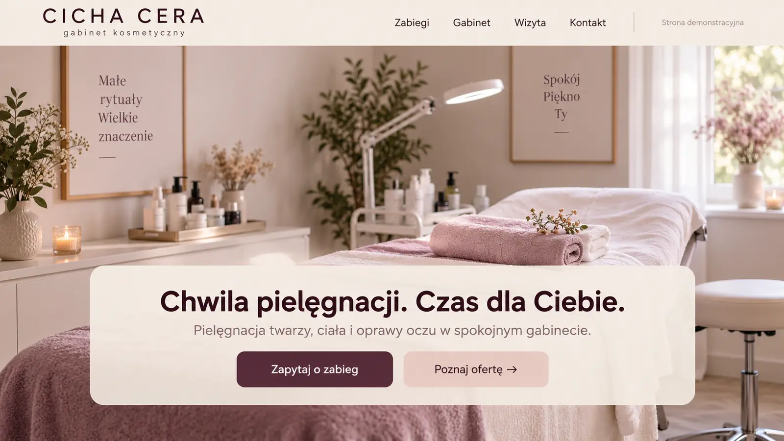 Projekt szablonu Klasyczny dla gabinetu kosmetycznego — sekcja Pielęgnacja i zaproszenie