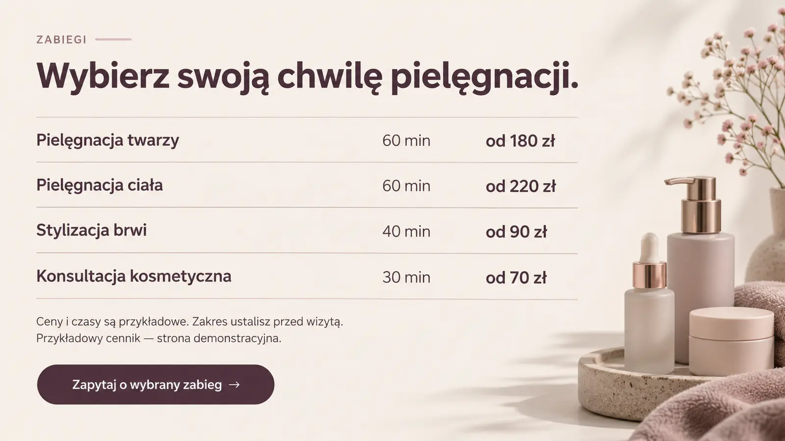 Projekt szablonu Klasyczny dla gabinetu kosmetycznego — sekcja Zabiegi i ceny