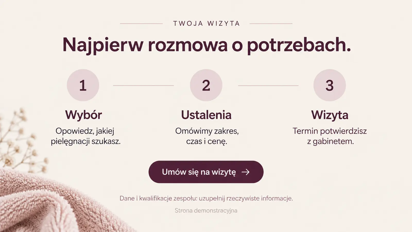 Projekt szablonu Klasyczny dla gabinetu kosmetycznego — sekcja Przebieg wizyty